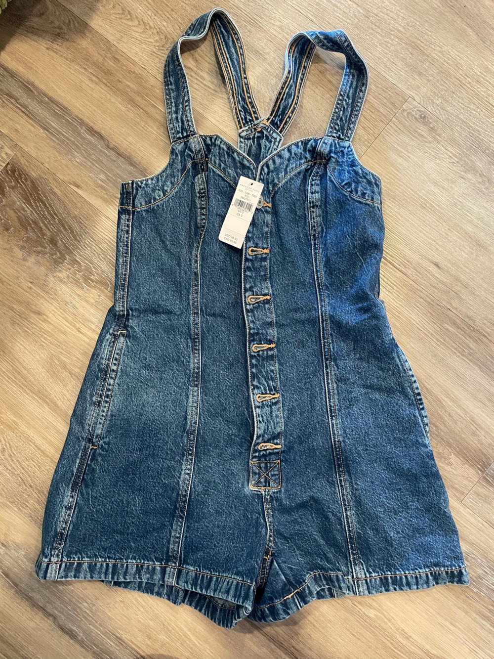 AE Women's Dark Blue Denim Overall Romper with Button Front